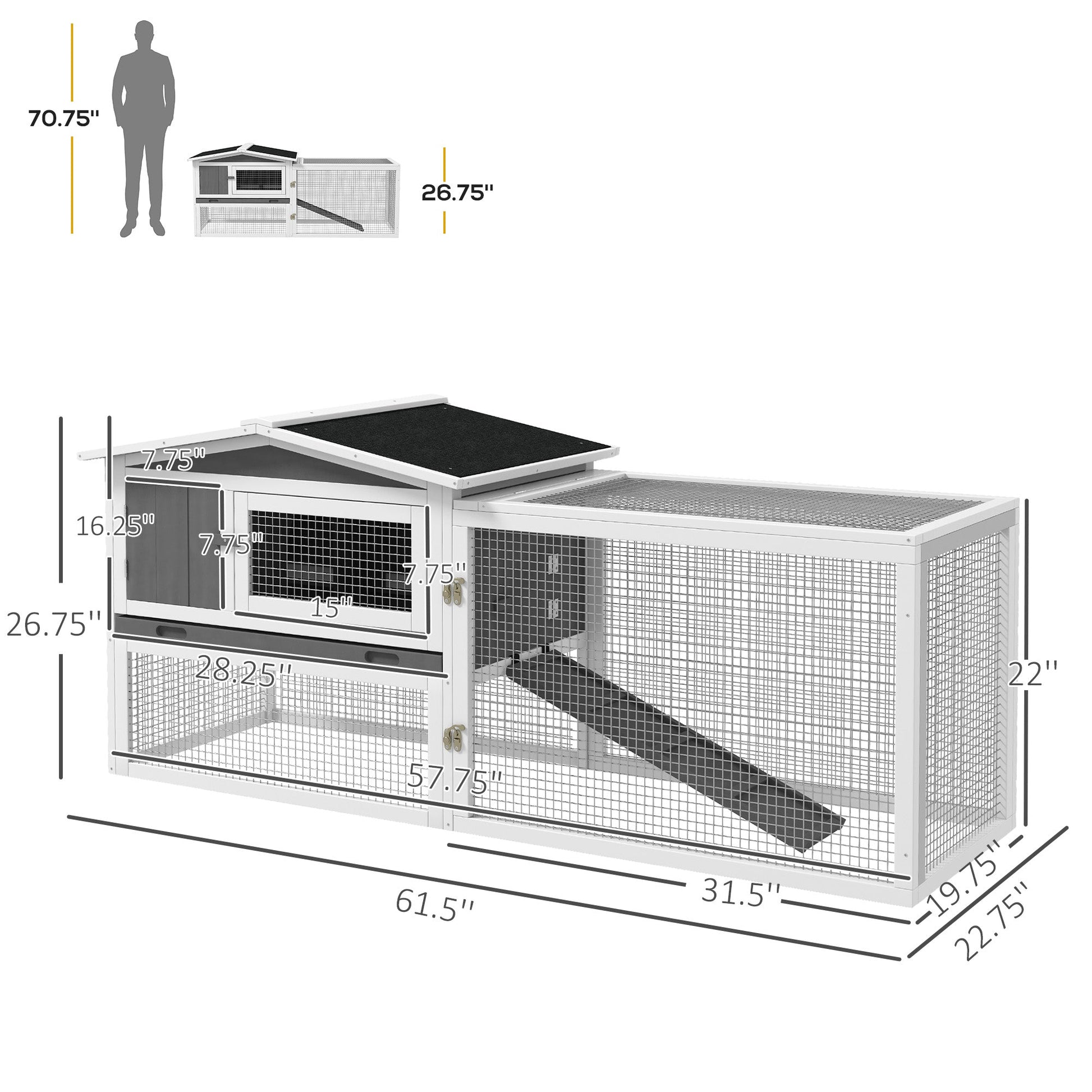 KFX-3728701 2-Story Rabbit Hutch with Removable Tray for Small Animals, Indoor/Outdoor Pet House, 61.5" x 23" x 27", Light Gray