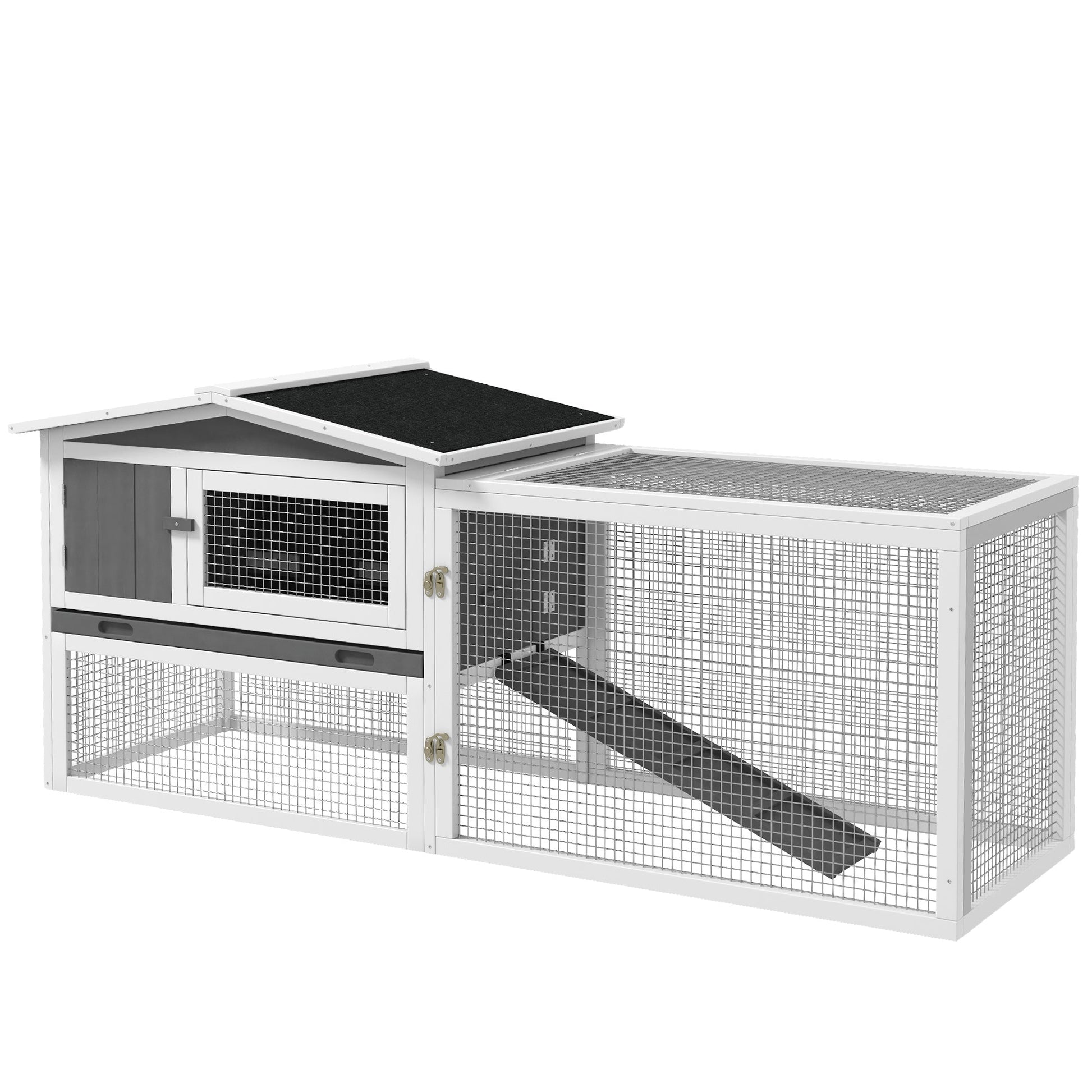 KFX-3728701 2-Story Rabbit Hutch with Removable Tray for Small Animals, Indoor/Outdoor Pet House, 61.5" x 23" x 27", Light Gray