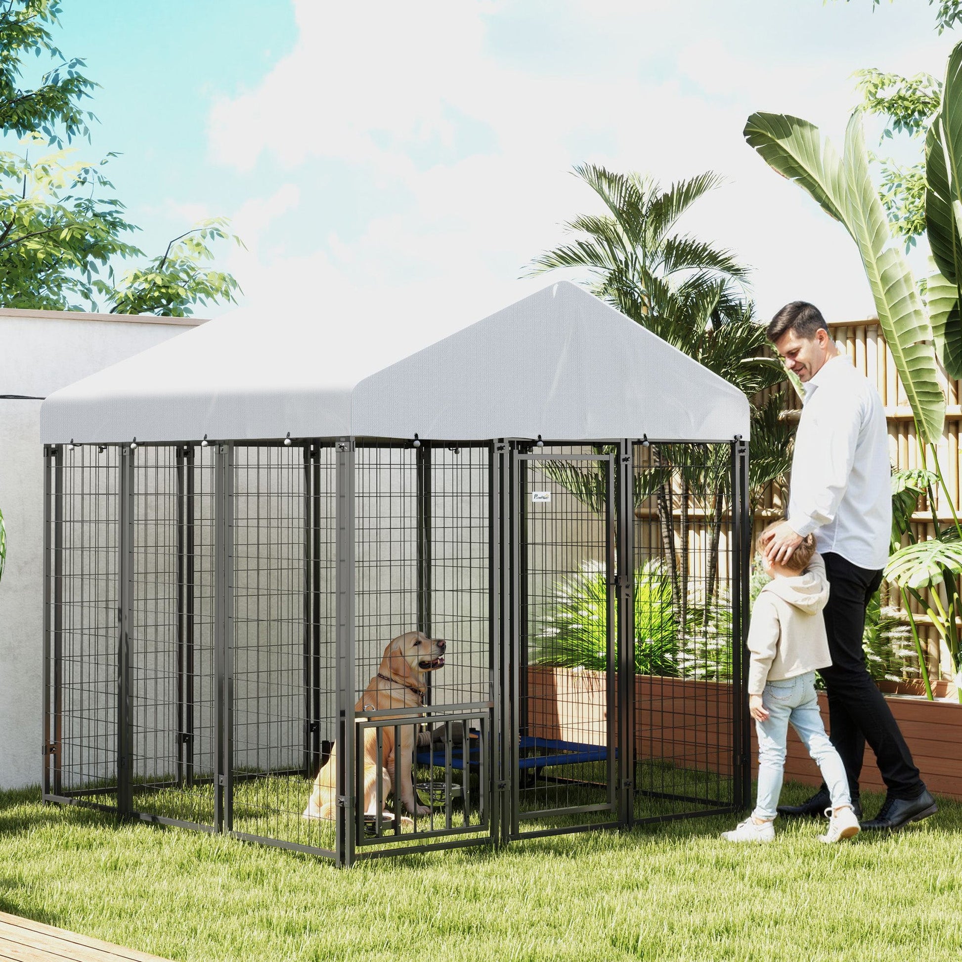 KFX-3734461 Outdoor Dog Kennel with Roof and Adjustable Bowls - Spacious 5.9' x 5.9' x 6' Structure for Large Dogs Up to 66 lbs