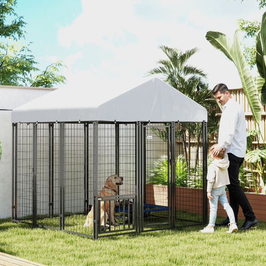 KFX-3734461 Outdoor Dog Kennel with Roof and Adjustable Bowls - Spacious 5.9' x 5.9' x 6' Structure for Large Dogs Up to 66 lbs