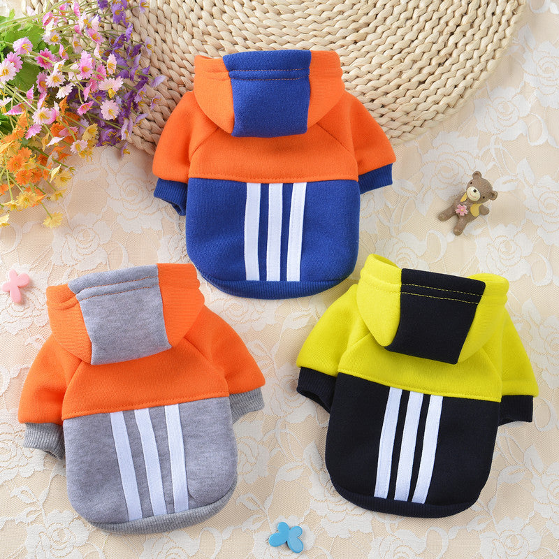 KFX-3735869 Fashionable Fleece Hooded Contrast Sweater for Dogs in Blue, Gray, and Yellow