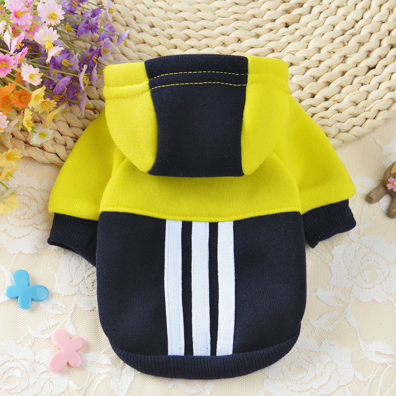 KFX-3735869 Fashionable Fleece Hooded Contrast Sweater for Dogs in Blue, Gray, and Yellow