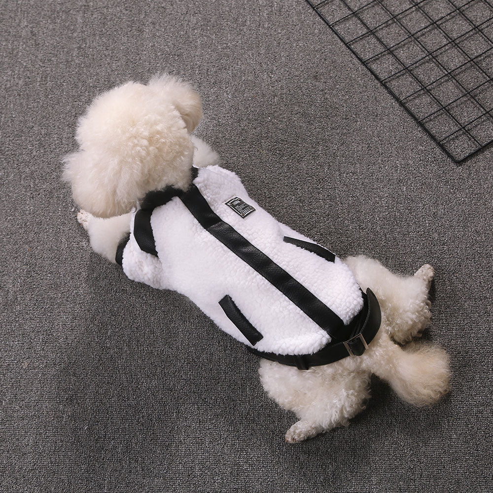 KFX-3737149 Warm Autumn and Winter Four-Legged Clothing for Puppies - Motorcycle Style and Stitching Lamb Wool Jacket