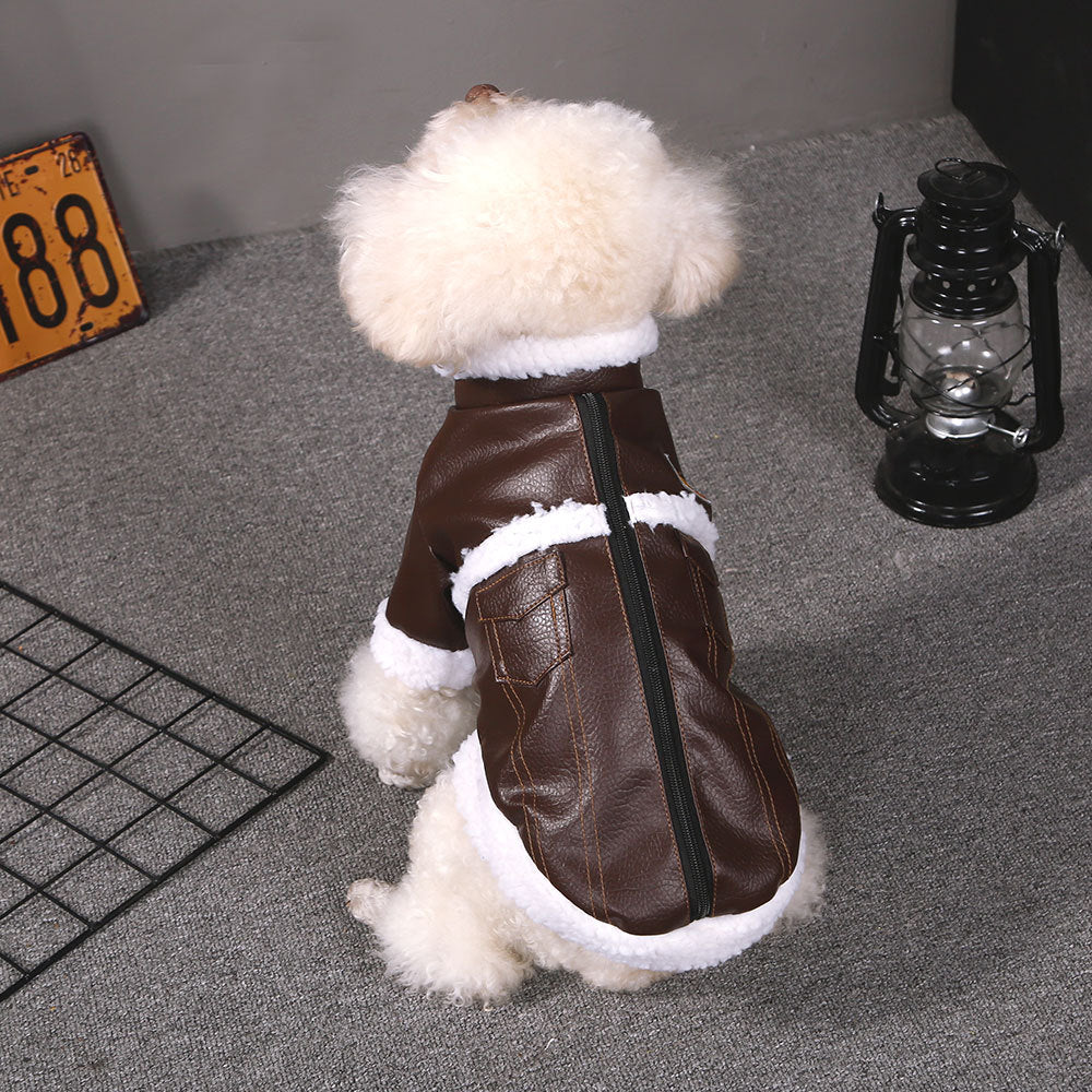 KFX-3737149 Warm Autumn and Winter Four-Legged Clothing for Puppies - Motorcycle Style and Stitching Lamb Wool Jacket