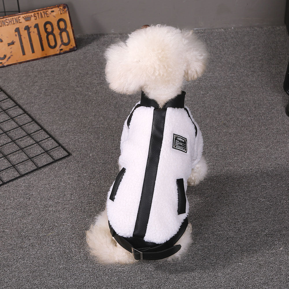 KFX-3737149 Warm Autumn and Winter Four-Legged Clothing for Puppies - Motorcycle Style and Stitching Lamb Wool Jacket