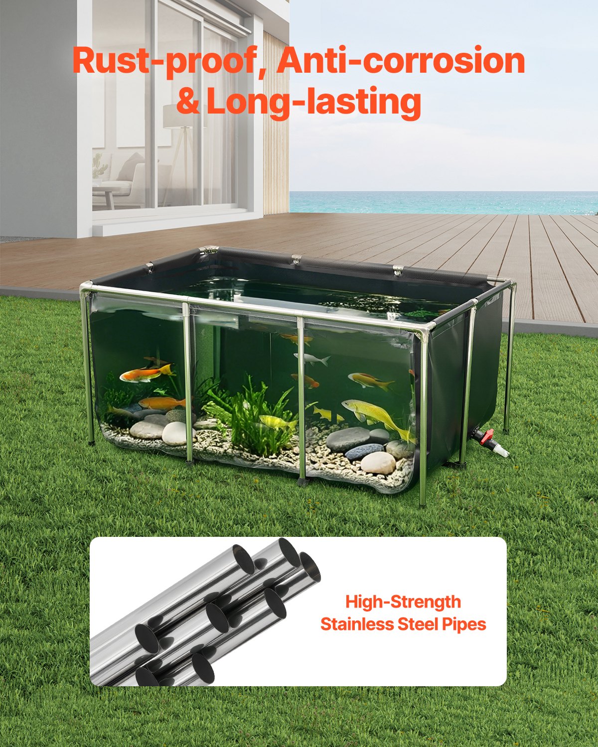 KFX-3739837 270 Gallon Above Ground Canvas Fish Pond with Clear Viewing Panel and Quick Drainage System