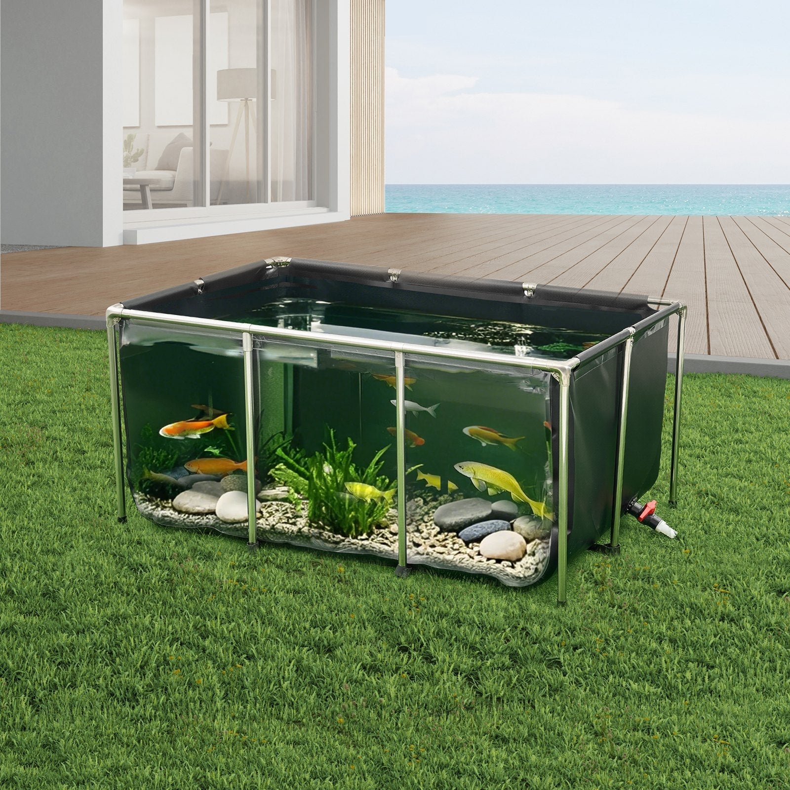 KFX-3739837 270 Gallon Above Ground Canvas Fish Pond with Clear Viewing Panel and Quick Drainage System