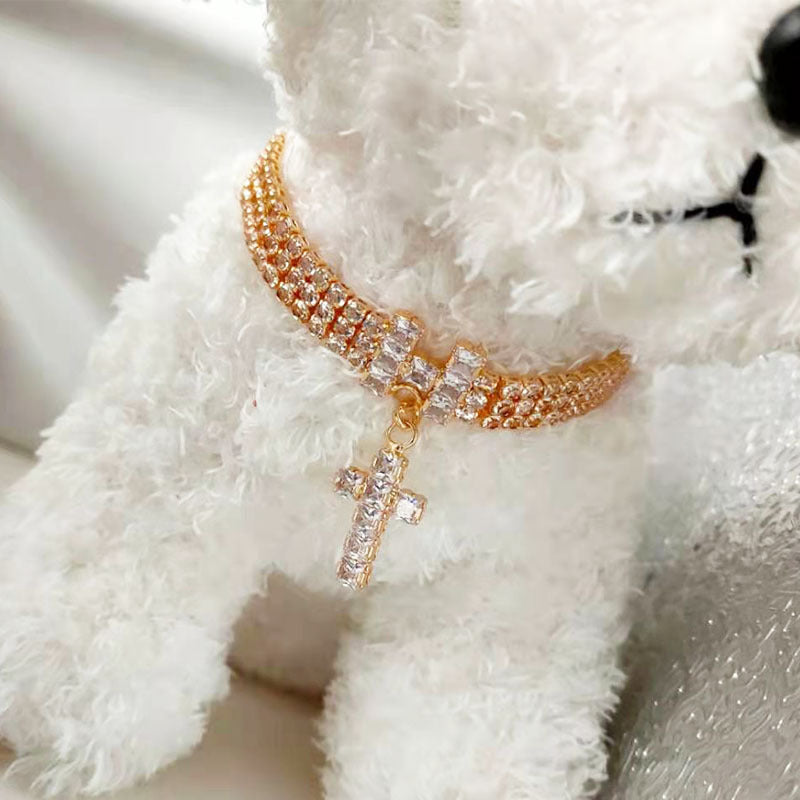 KFX-3744317 Zircon Letter Cross Pet Necklace for Cats and Dogs in Gold/Rose Gold