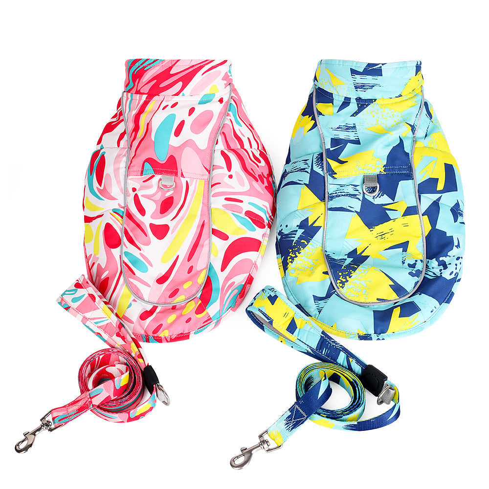 KFX-3744701 Waterproof Reflective Dog Jacket with Traction Rope in Red and Blue