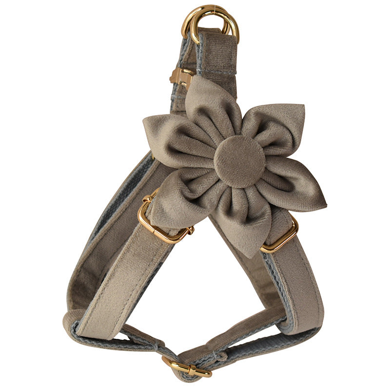 KFX-3745597 Pet Dog Flannel Chest Strap with Gold Buckle, Floral Bow, and Leash - Multiple Sizes Available