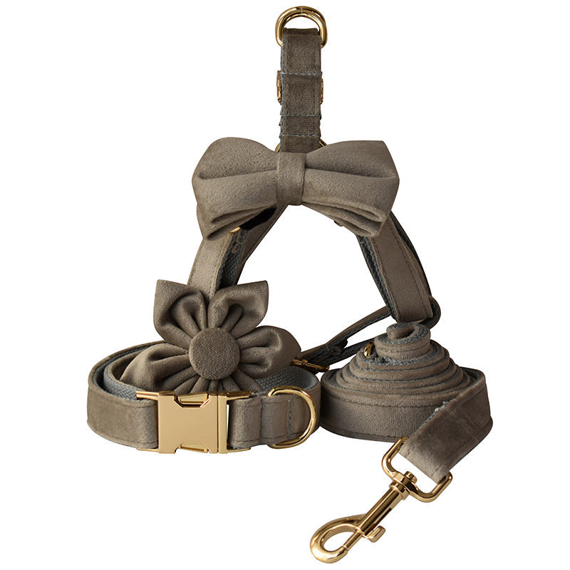 KFX-3745597 Pet Dog Flannel Chest Strap with Gold Buckle, Floral Bow, and Leash - Multiple Sizes Available