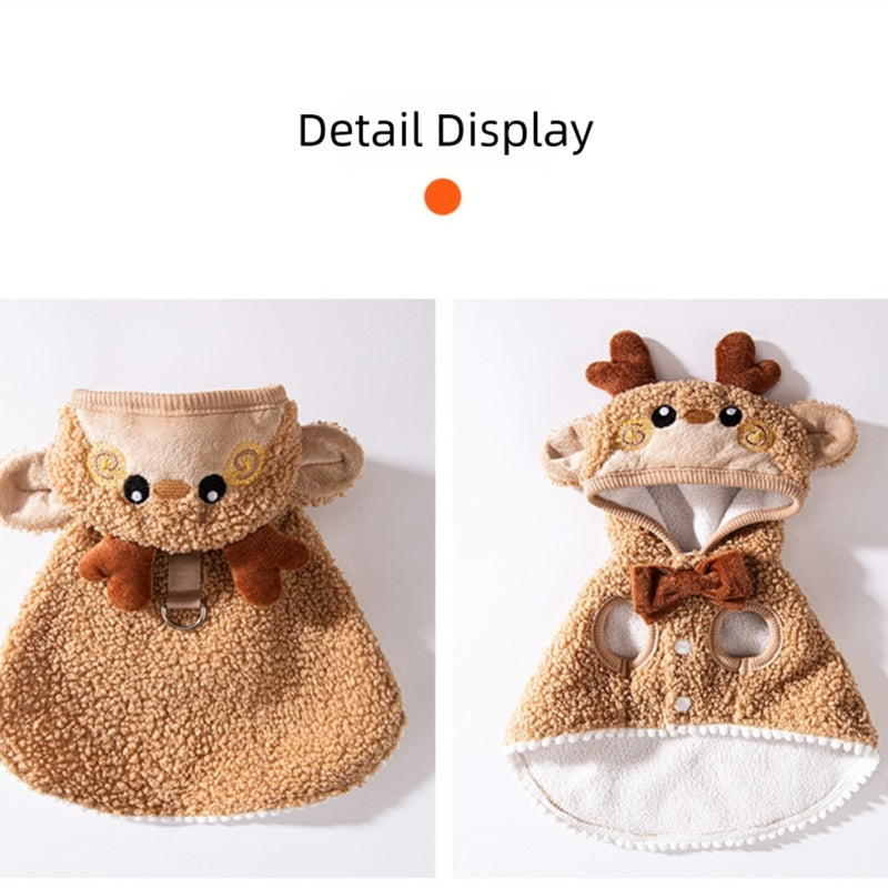 KFX-3746877 Reindeer Cape for Dogs and Cats - Warm Thickened Christmas Outfit with Hat and D-Ring for Easy Leash Attachment
