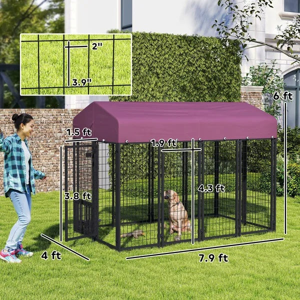 KFX-3755709 Spacious Welded Wire Dog Kennel with Adjustable Bowl Station and Waterproof Cover
