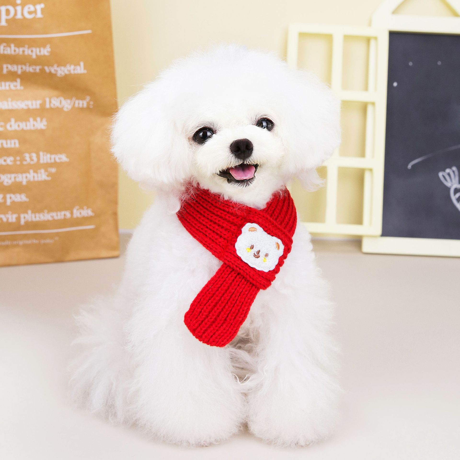 KFX-3758397 Fashionable Monochrome Pet Scarf in Ivory White and Red - Small & Large Sizes Available