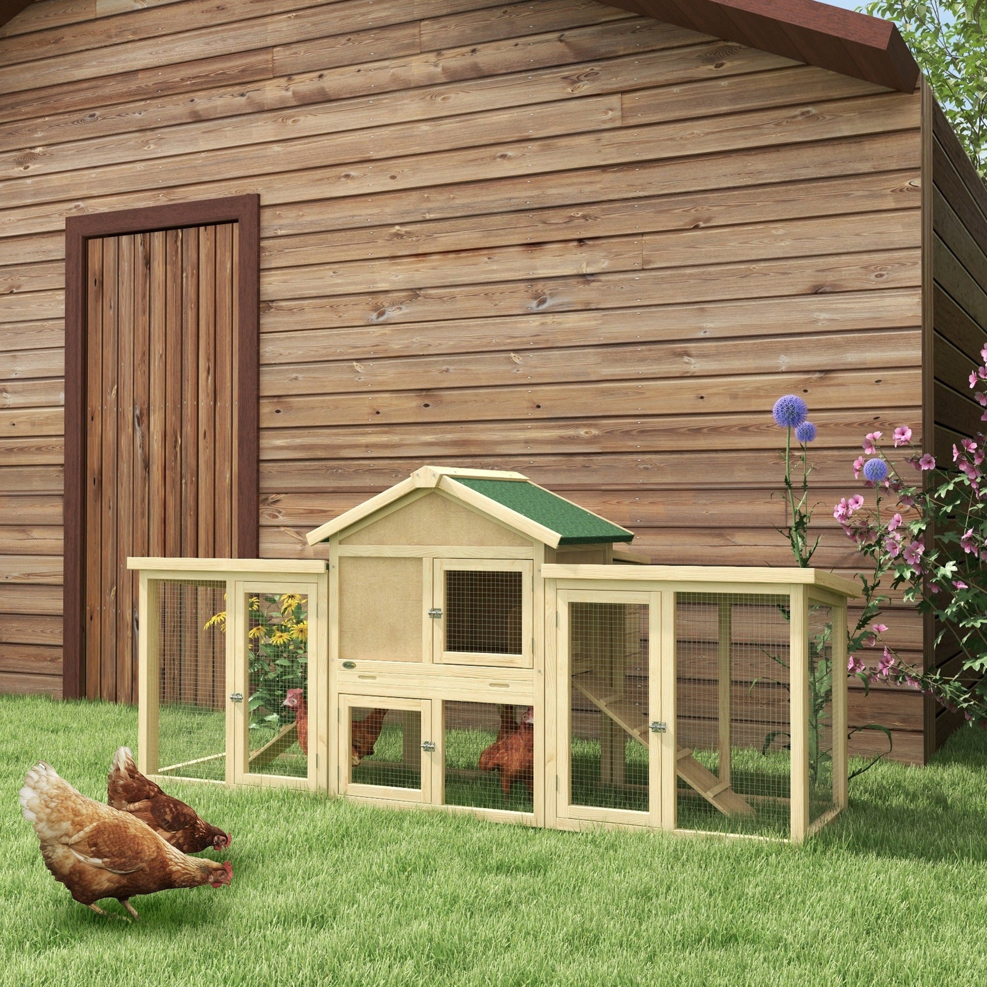 KFX-3761469 Spacious Wooden Chicken Coop with Nesting Box, Double Runs, and Removable Tray for Backyard Use
