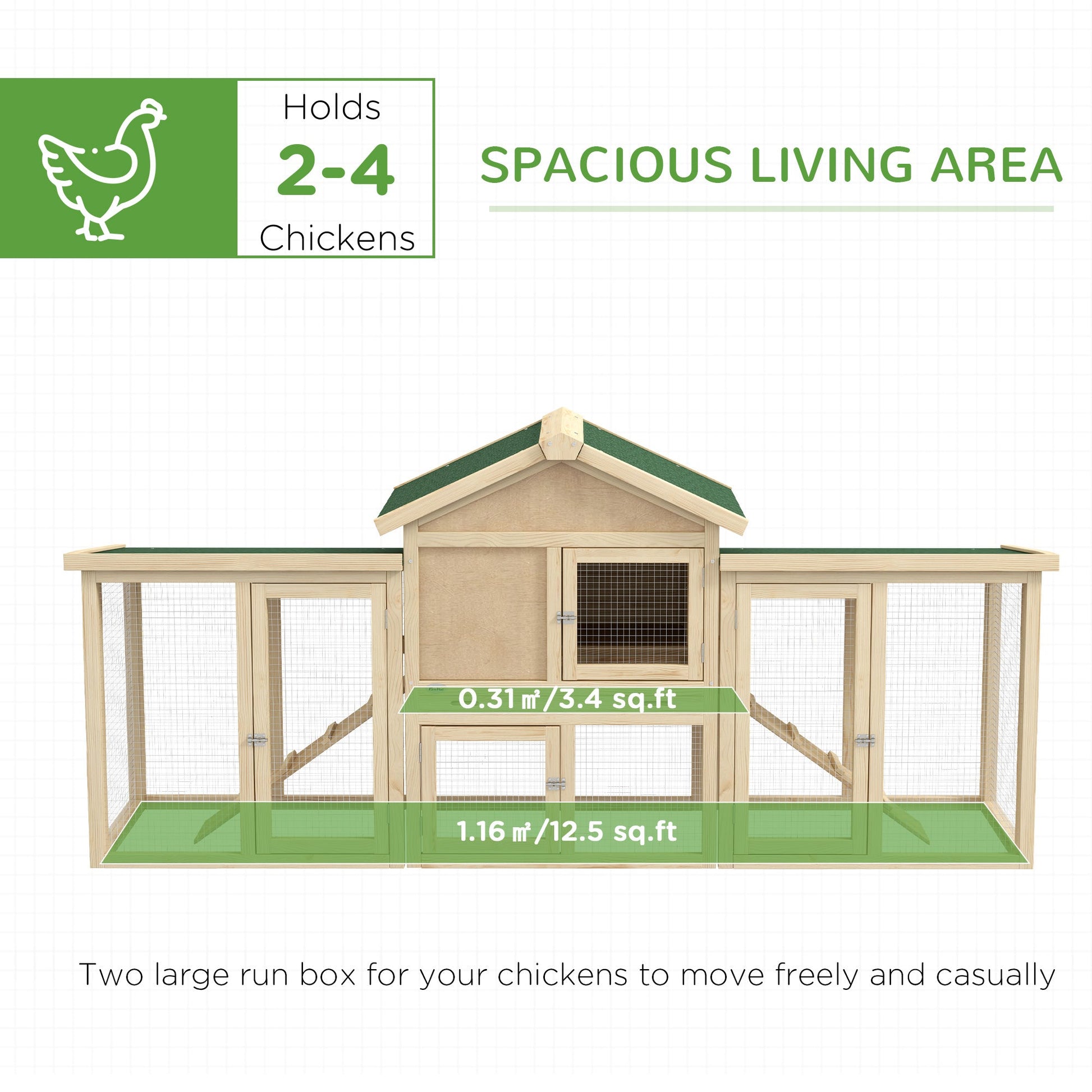 KFX-3761469 Spacious Wooden Chicken Coop with Nesting Box, Double Runs, and Removable Tray for Backyard Use