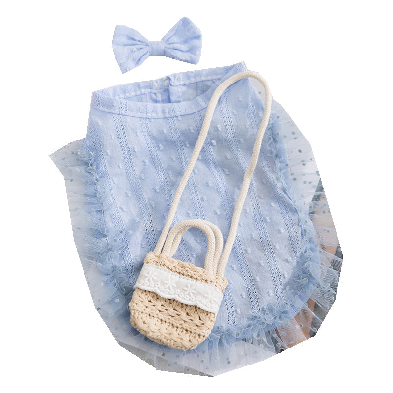 KFX-3762365 Two-Tone Ruffled Dog and Cat Outfit with Bow and Crossbody Bag for Small Pets