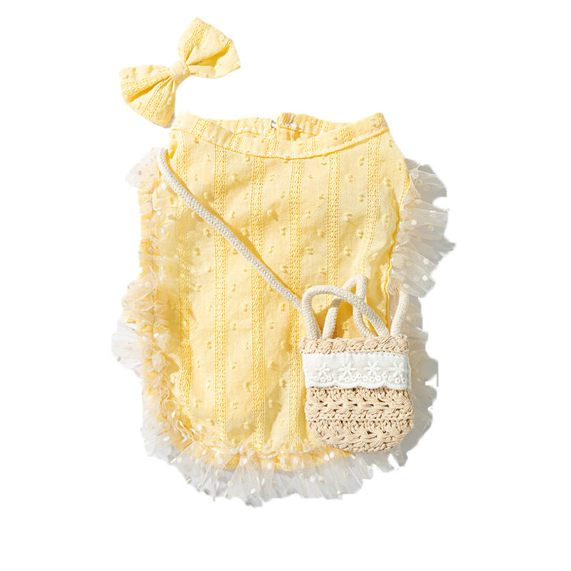 KFX-3762365 Two-Tone Ruffled Dog and Cat Outfit with Bow and Crossbody Bag for Small Pets