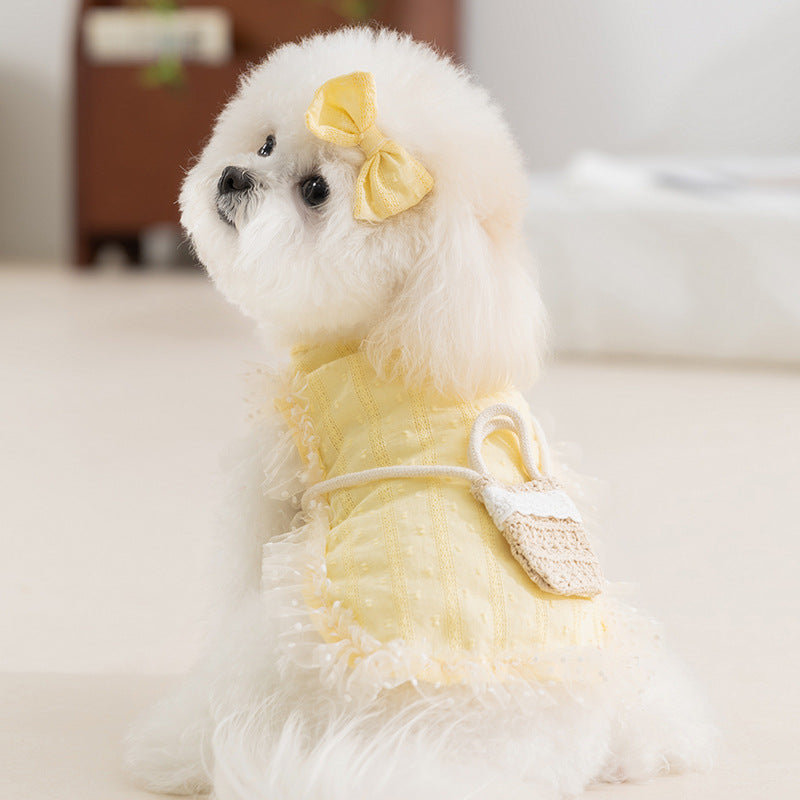 KFX-3762365 Two-Tone Ruffled Dog and Cat Outfit with Bow and Crossbody Bag for Small Pets