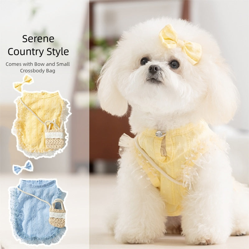 KFX-3762365 Two-Tone Ruffled Dog and Cat Outfit with Bow and Crossbody Bag for Small Pets