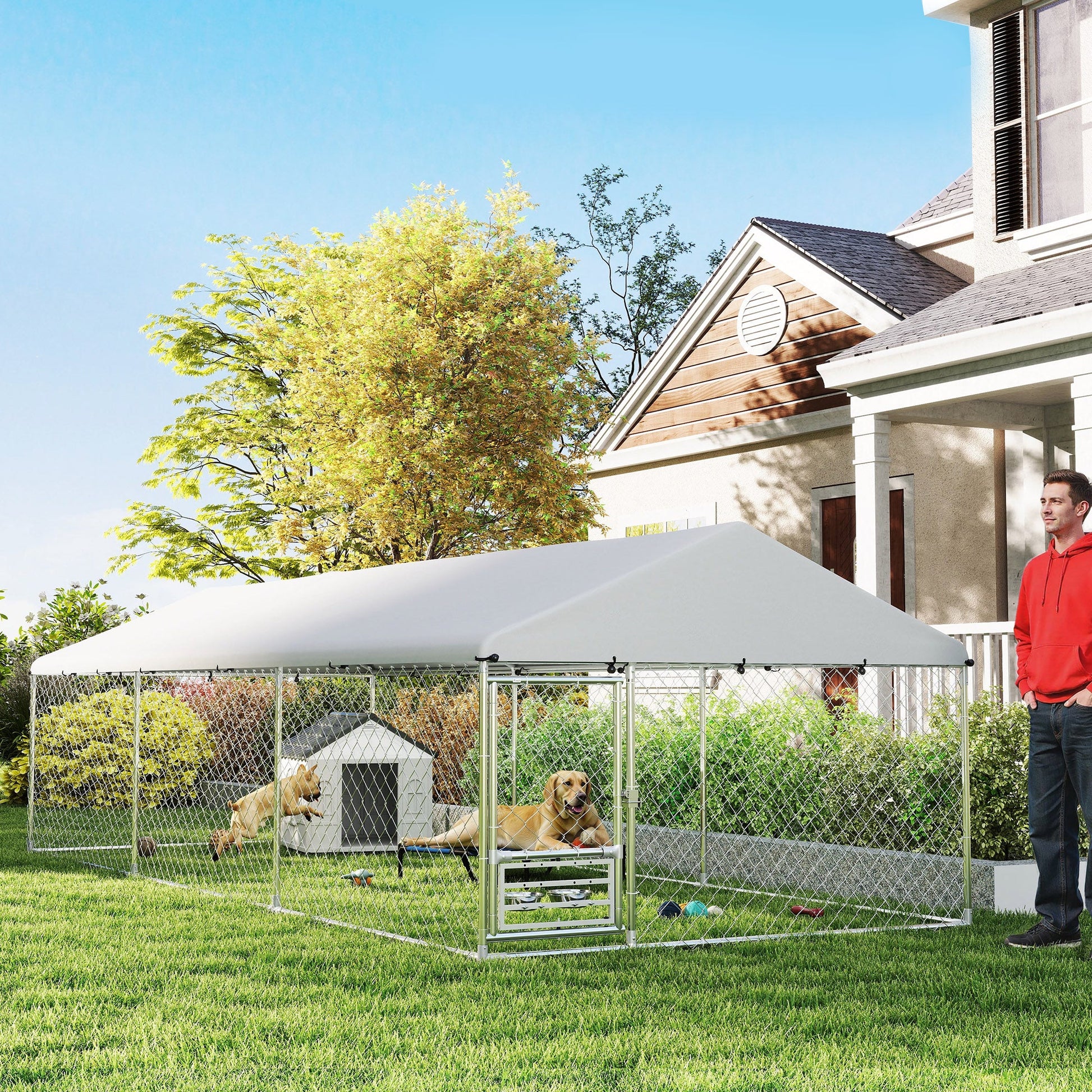 KFX-3767229 Spacious Outdoor Dog Kennel with Waterproof Cover & Adjustable Bowl Rack, 19.7' x 7.5' x 5.2'