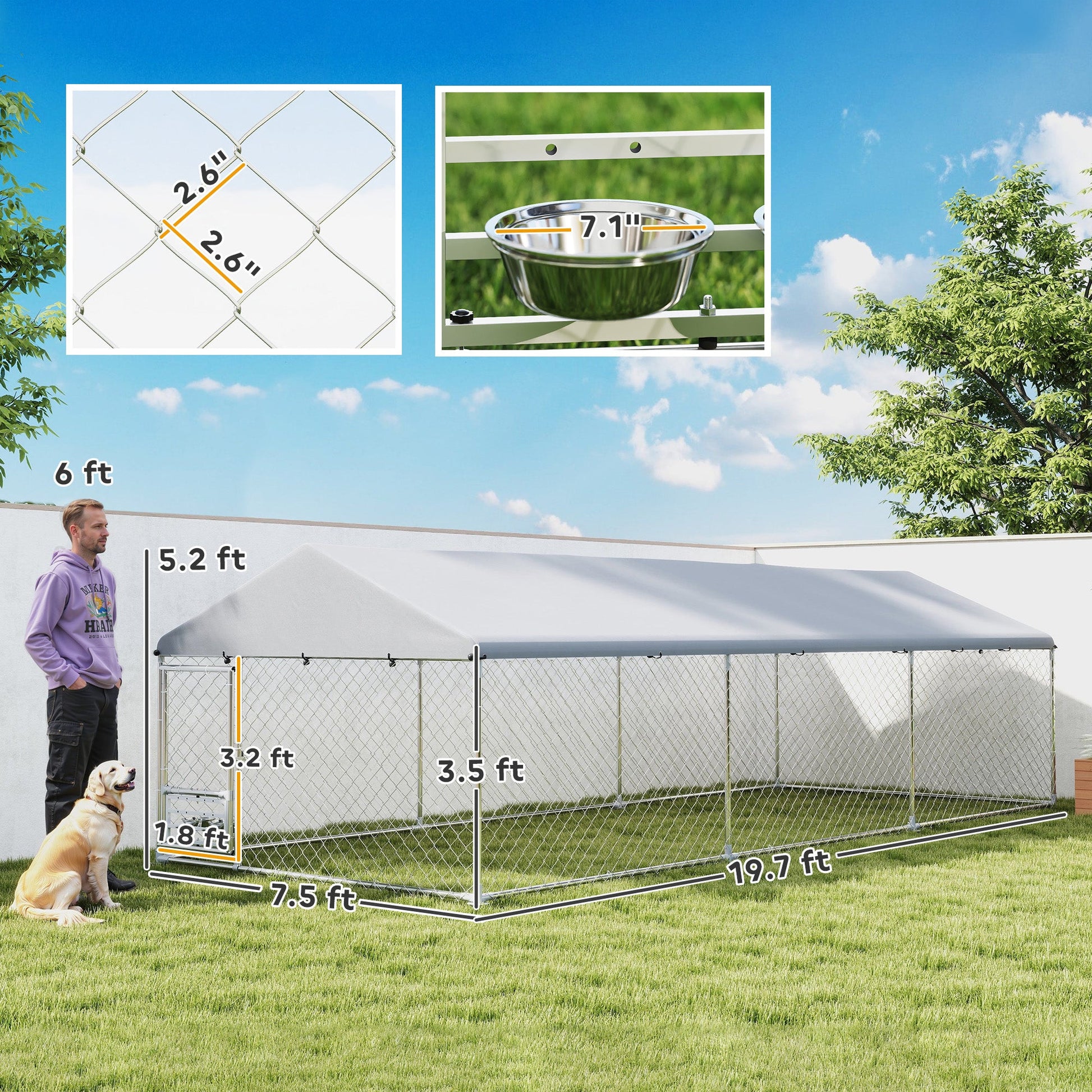 KFX-3767229 Spacious Outdoor Dog Kennel with Waterproof Cover & Adjustable Bowl Rack, 19.7' x 7.5' x 5.2'