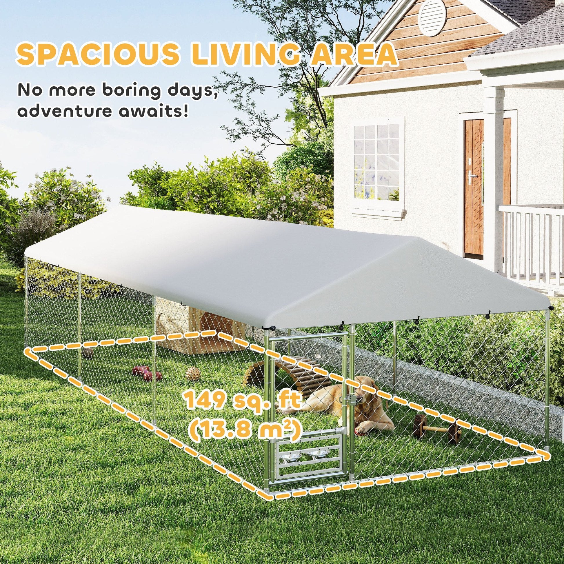 KFX-3767229 Spacious Outdoor Dog Kennel with Waterproof Cover & Adjustable Bowl Rack, 19.7' x 7.5' x 5.2'