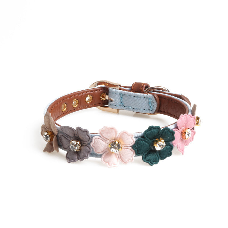 KFX-3781053 Stylish Pet Dog Flower Collar with Rhinestones in Blue, Black, White, or Pink