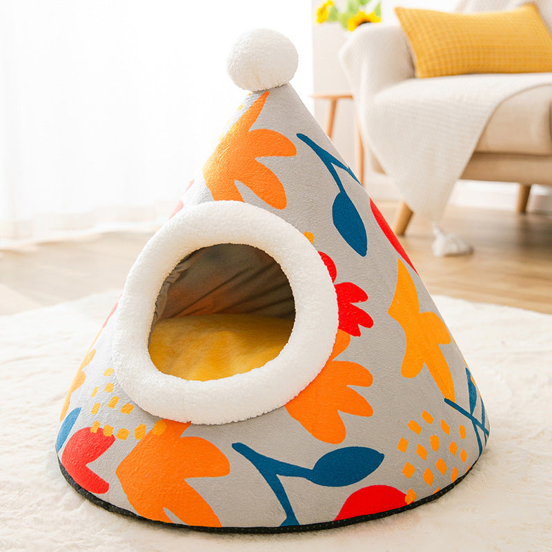 KFX-3781309 Enclosed Triangle Cat Nest - Soft Plush Bed for Indoor Cats