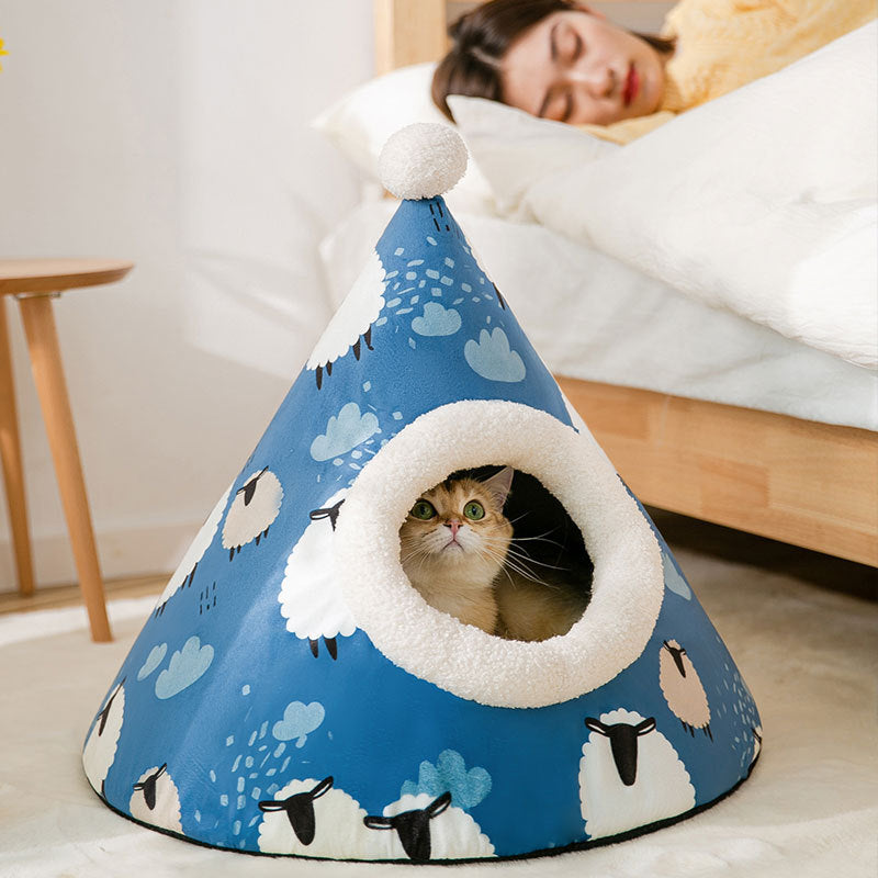 KFX-3781309 Enclosed Triangle Cat Nest - Soft Plush Bed for Indoor Cats