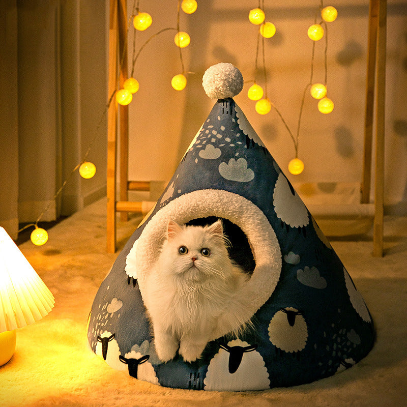 KFX-3781309 Enclosed Triangle Cat Nest - Soft Plush Bed for Indoor Cats