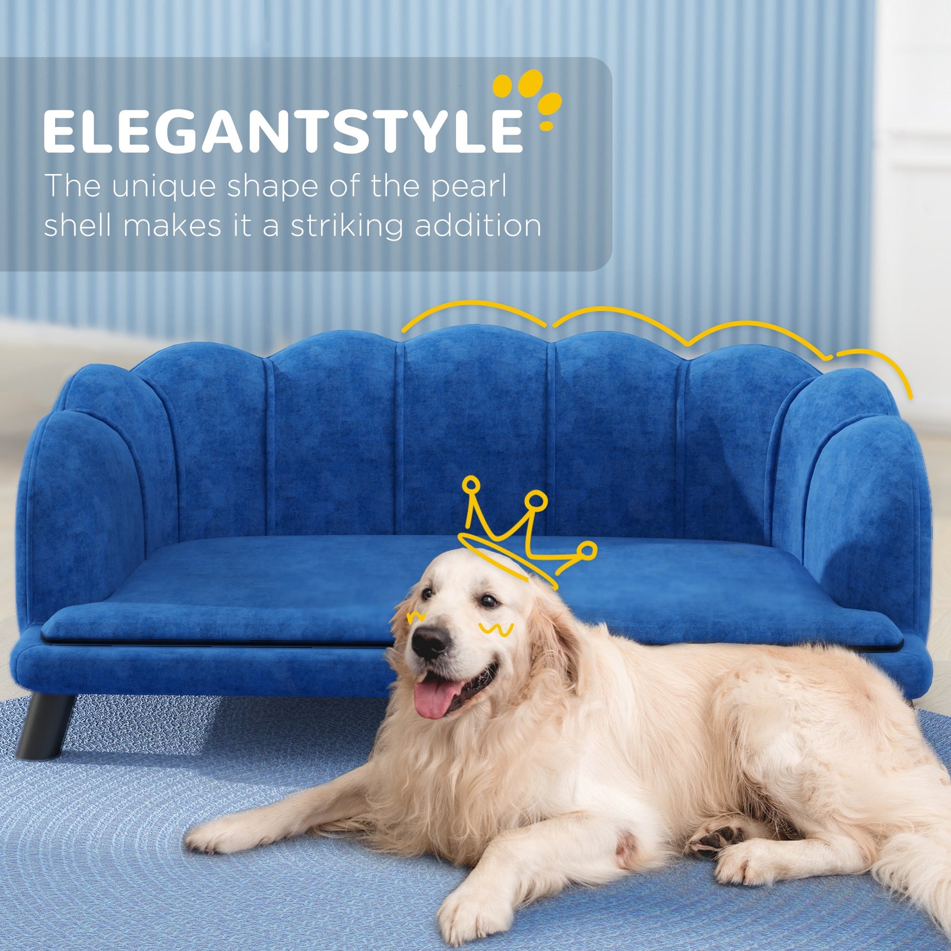 KFX-3783485 Dark Blue Pearl Design Pet Sofa for Medium and Large Dogs with Removable Cushion and Solid Birch Wood Legs