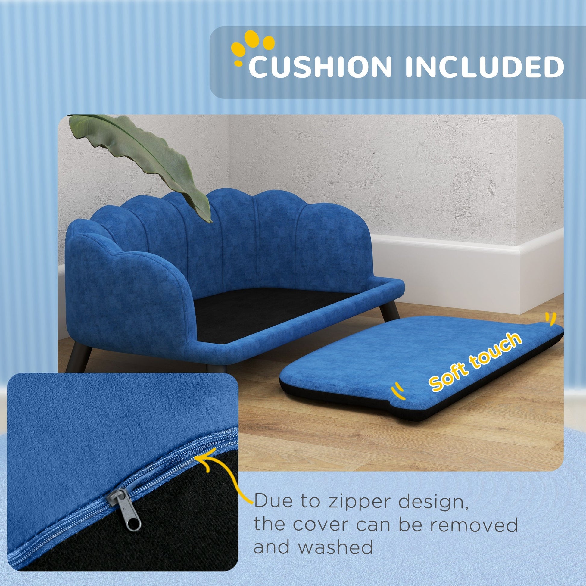 KFX-3783485 Dark Blue Pearl Design Pet Sofa for Medium and Large Dogs with Removable Cushion and Solid Birch Wood Legs