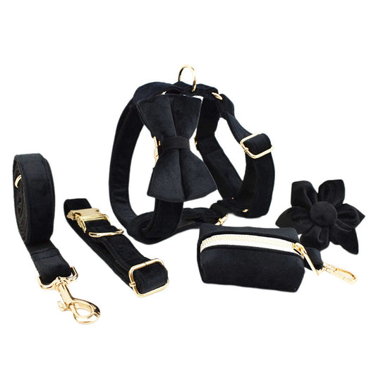 KFX-3786301 Soft Velvet Dog Collar with Accessories - Includes Dog Rope, Bow, Flower, Vest, and Poop Bag