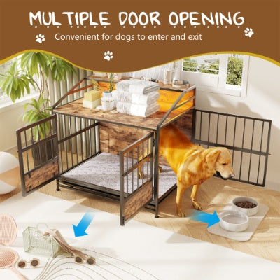KFX-3788477 Stylish Multi-Function Dog Crate with Storage, Wooden Kennel for Large & Medium Dogs, Brown