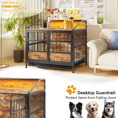 KFX-3788477 Stylish Multi-Function Dog Crate with Storage, Wooden Kennel for Large & Medium Dogs, Brown