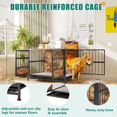 KFX-3788477 Stylish Multi-Function Dog Crate with Storage, Wooden Kennel for Large & Medium Dogs, Brown