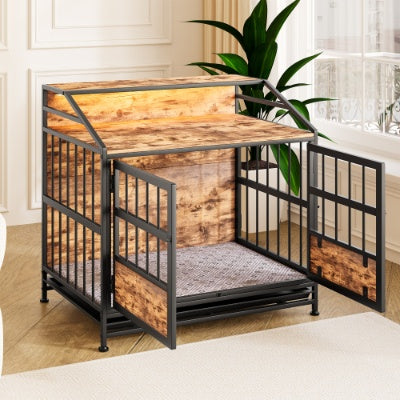 KFX-3788477 Stylish Multi-Function Dog Crate with Storage, Wooden Kennel for Large & Medium Dogs, Brown