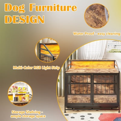 KFX-3788477 Stylish Multi-Function Dog Crate with Storage, Wooden Kennel for Large & Medium Dogs, Brown