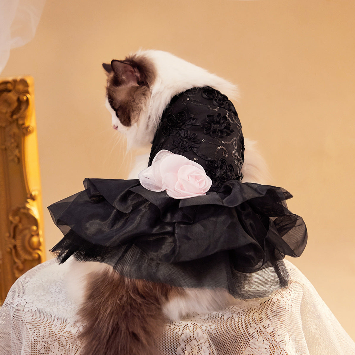 KFX-3798717 Elegant Pet Wedding Dress in Black, Gray or Gold – Sizes XS to XL, Made of Polyester