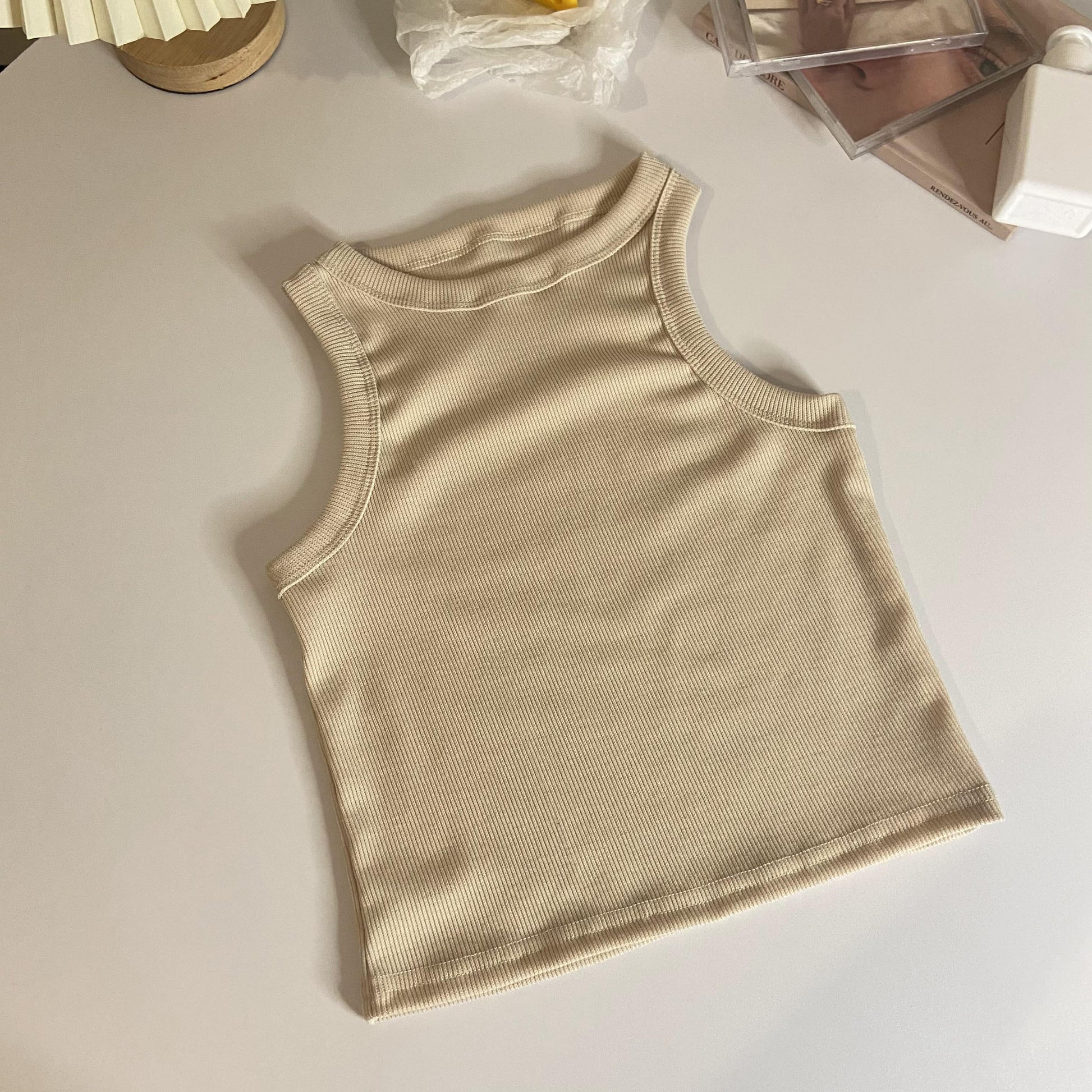 KFX-3801917 Cropped Slim Fit Sleeveless Tank Top for Women in Apricot, Dark Blue, White, and Black