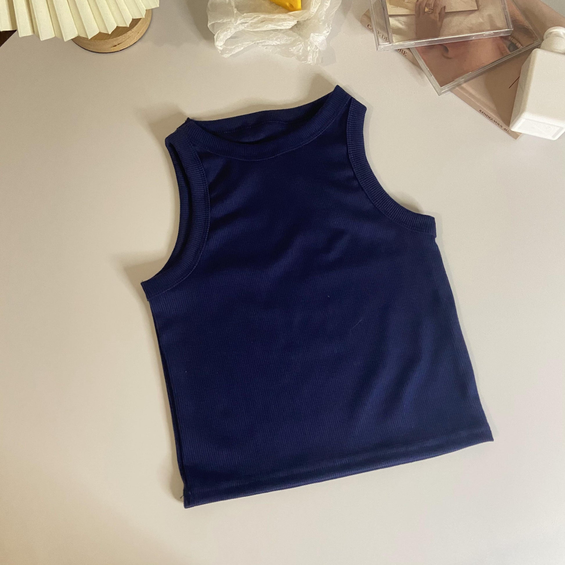 KFX-3801917 Cropped Slim Fit Sleeveless Tank Top for Women in Apricot, Dark Blue, White, and Black