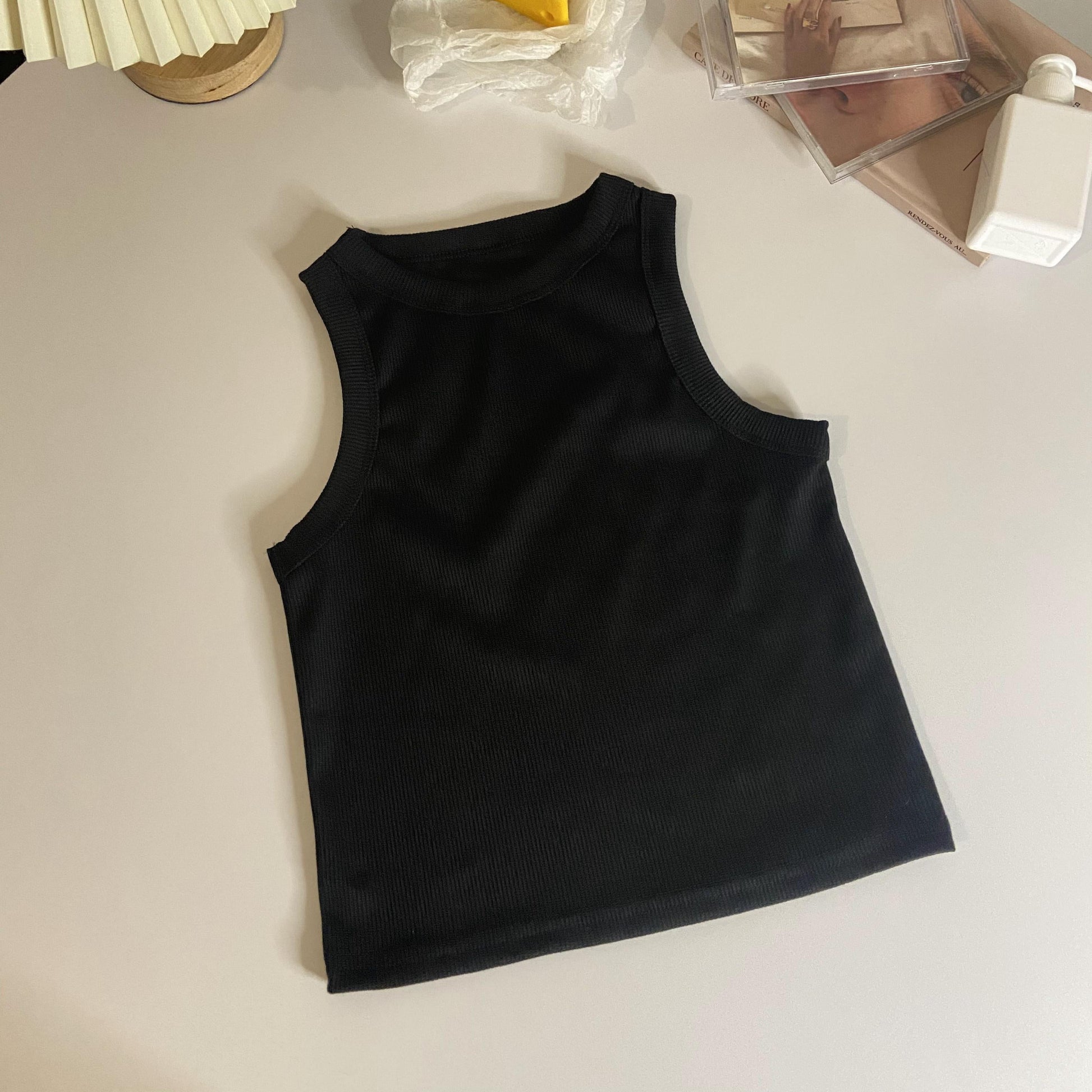 KFX-3801917 Cropped Slim Fit Sleeveless Tank Top for Women in Apricot, Dark Blue, White, and Black