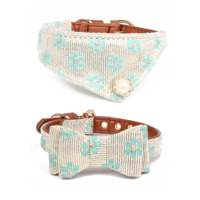 KFX-3804093 Floral Pattern Dog Bow Collar in Yellow, Pink, Blue, and Green with Adjustable Sizes