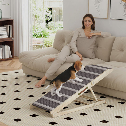 KFX-3807549 Foldable Dog Ramp with Adjustable Heights for Couch and Car Access - Non-Slip Surface, Durable Pine Wood Frame