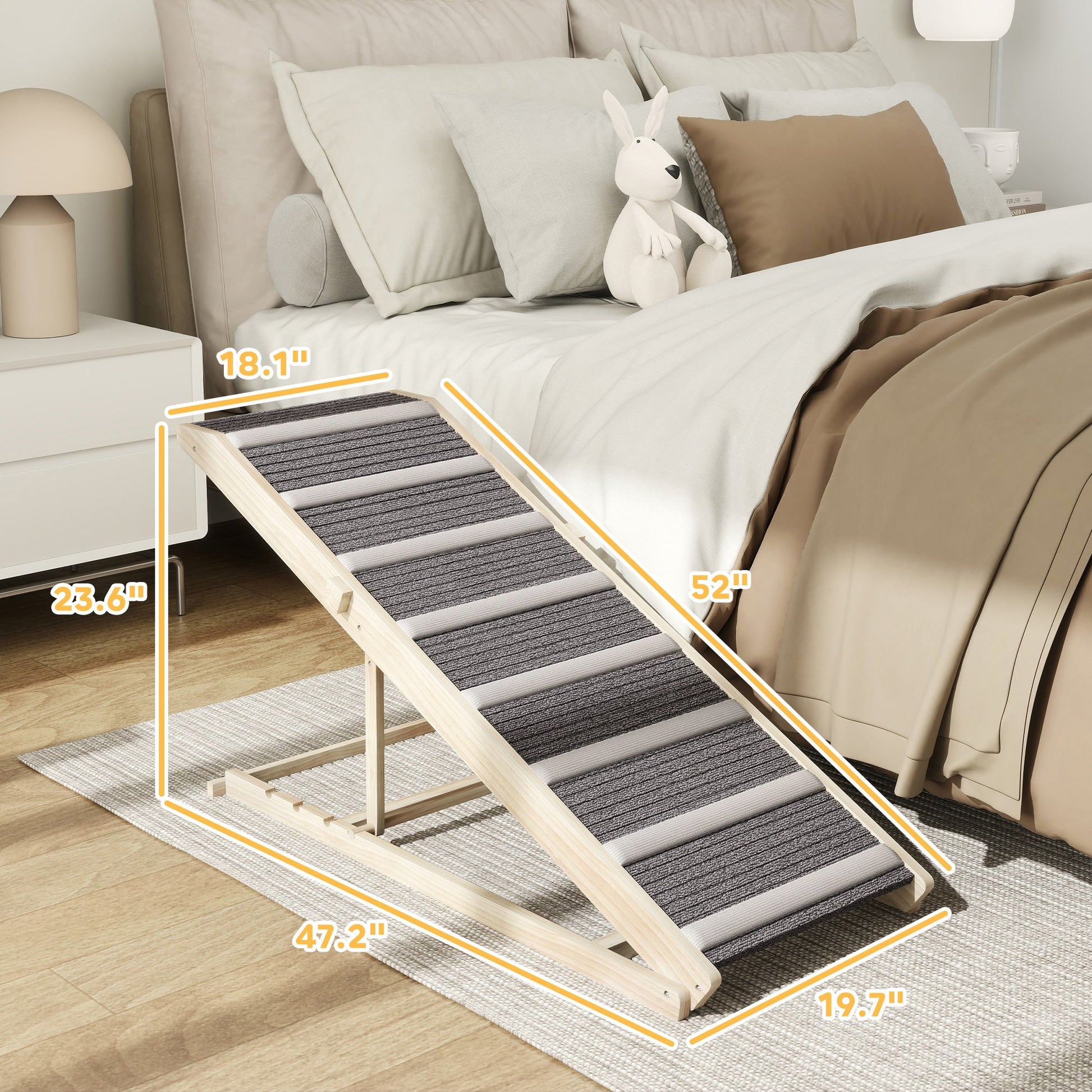 KFX-3807549 Foldable Dog Ramp with Adjustable Heights for Couch and Car Access - Non-Slip Surface, Durable Pine Wood Frame