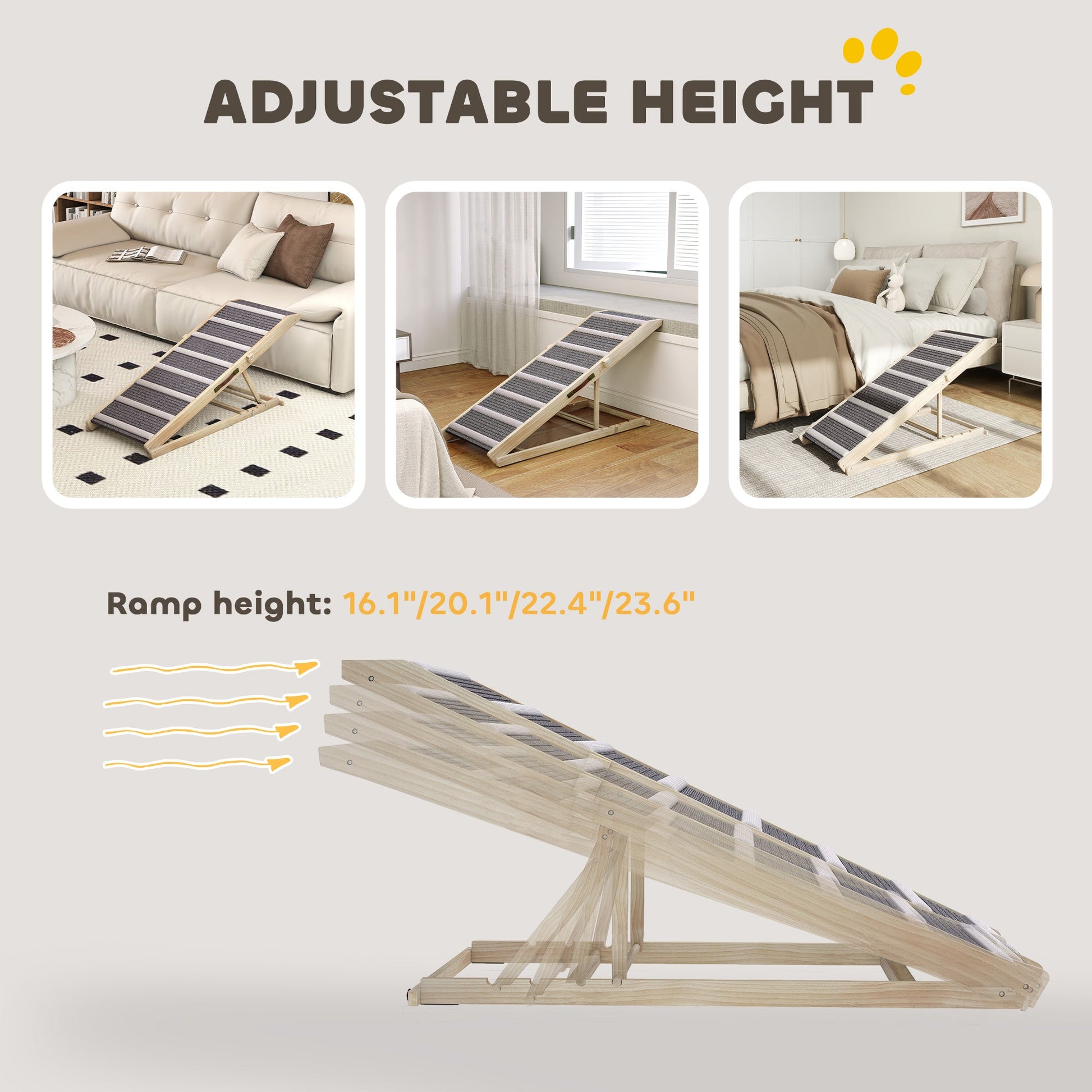 KFX-3807549 Foldable Dog Ramp with Adjustable Heights for Couch and Car Access - Non-Slip Surface, Durable Pine Wood Frame