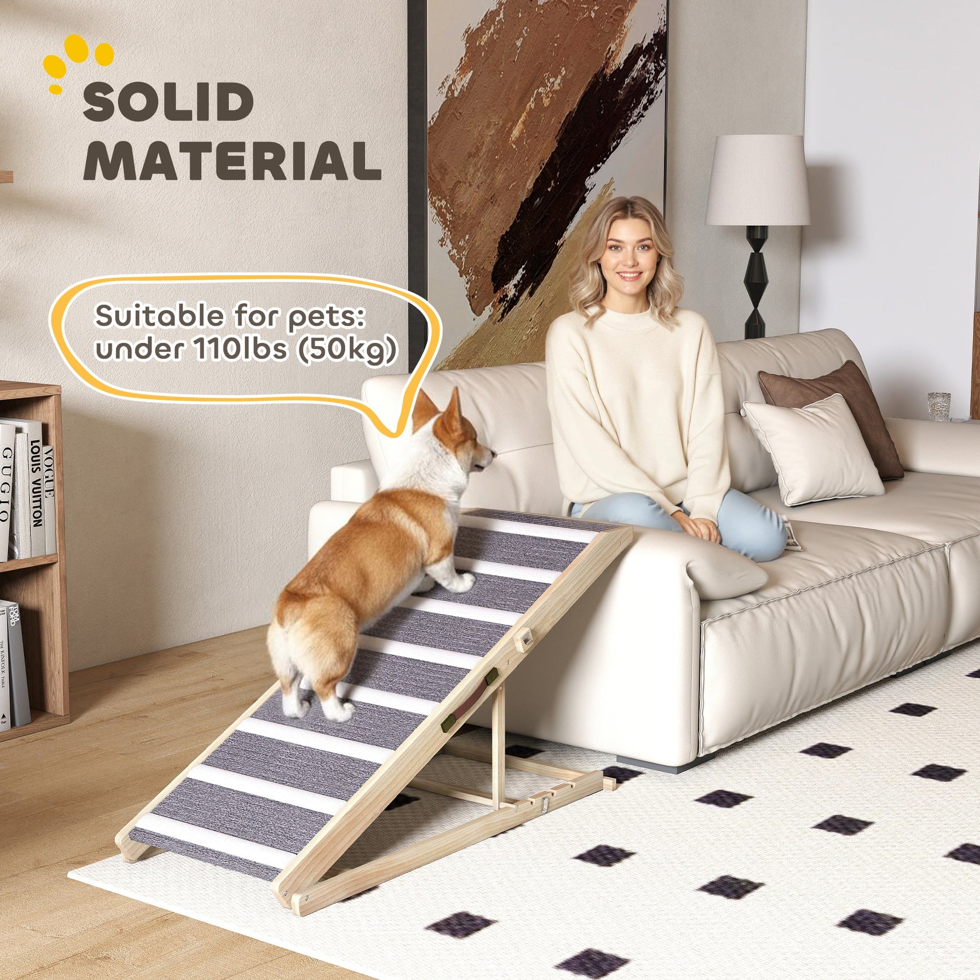 KFX-3807549 Foldable Dog Ramp with Adjustable Heights for Couch and Car Access - Non-Slip Surface, Durable Pine Wood Frame