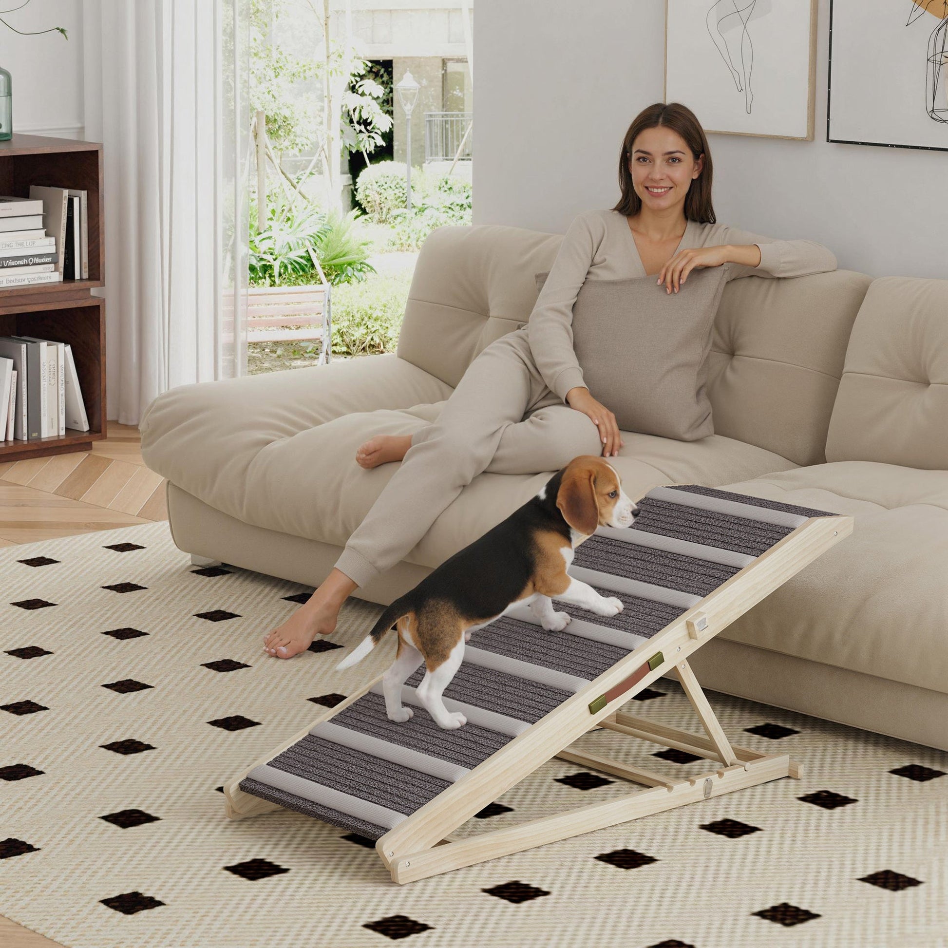 KFX-3807549 Foldable Dog Ramp with Adjustable Heights for Couch and Car Access - Non-Slip Surface, Durable Pine Wood Frame