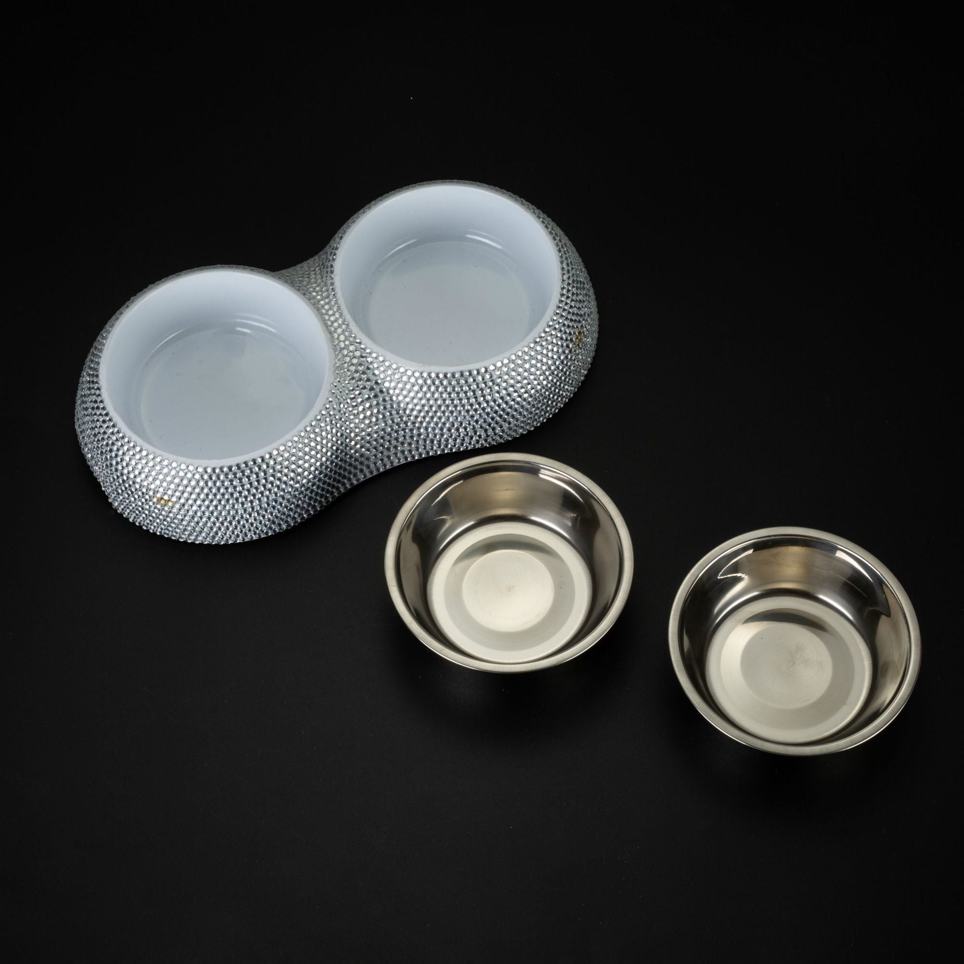 KFX-3812029 Rhinestone-Embellished Stainless Steel Double Dog Bowl - Silver 28x15.5x5cm